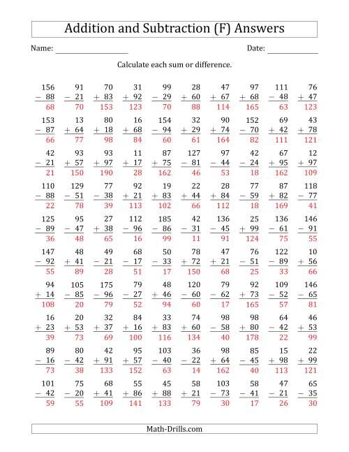 The 100 Two-Digit Addition and Subtraction Questions with Sums/Minuends to 198 (F) Math Worksheet Page 2