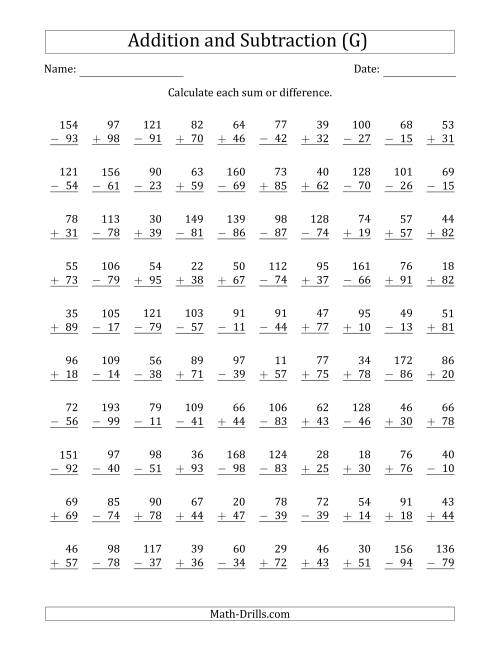 The 100 Two-Digit Addition and Subtraction Questions with Sums/Minuends to 198 (G) Math Worksheet