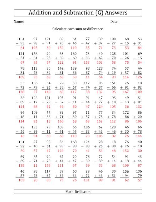 The 100 Two-Digit Addition and Subtraction Questions with Sums/Minuends to 198 (G) Math Worksheet Page 2