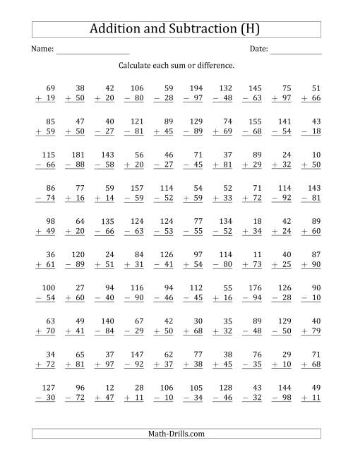 The 100 Two-Digit Addition and Subtraction Questions with Sums/Minuends to 198 (H) Math Worksheet