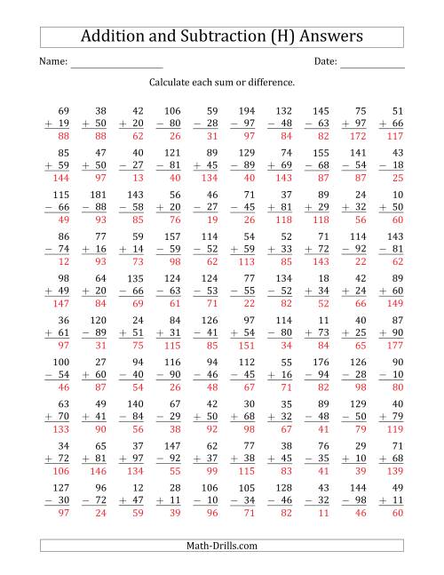 The 100 Two-Digit Addition and Subtraction Questions with Sums/Minuends to 198 (H) Math Worksheet Page 2