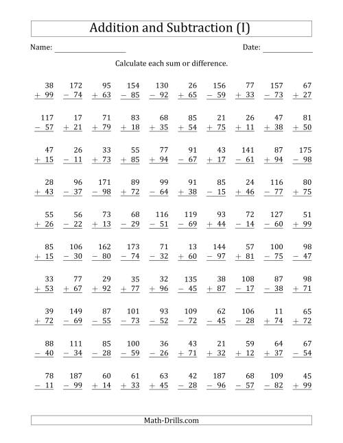 The 100 Two-Digit Addition and Subtraction Questions with Sums/Minuends to 198 (I) Math Worksheet