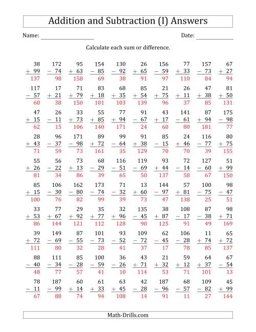 The 100 Two-Digit Addition and Subtraction Questions with Sums/Minuends to 198 (I) Math Worksheet Page 2
