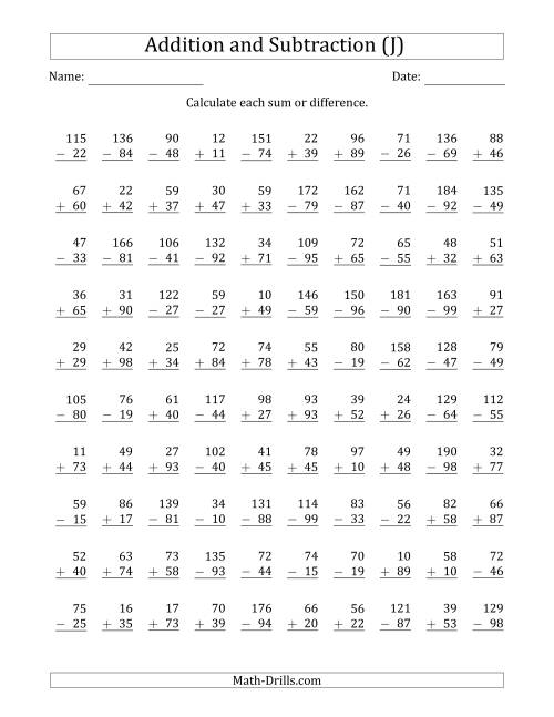 The 100 Two-Digit Addition and Subtraction Questions with Sums/Minuends to 198 (J) Math Worksheet