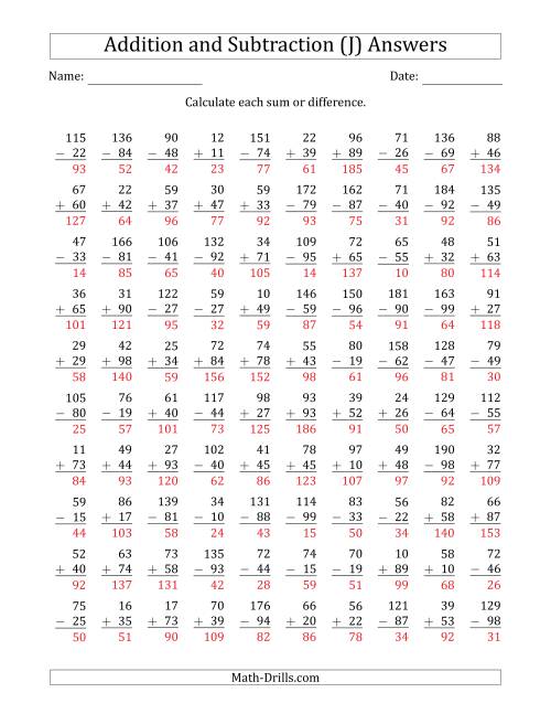 The 100 Two-Digit Addition and Subtraction Questions with Sums/Minuends to 198 (J) Math Worksheet Page 2