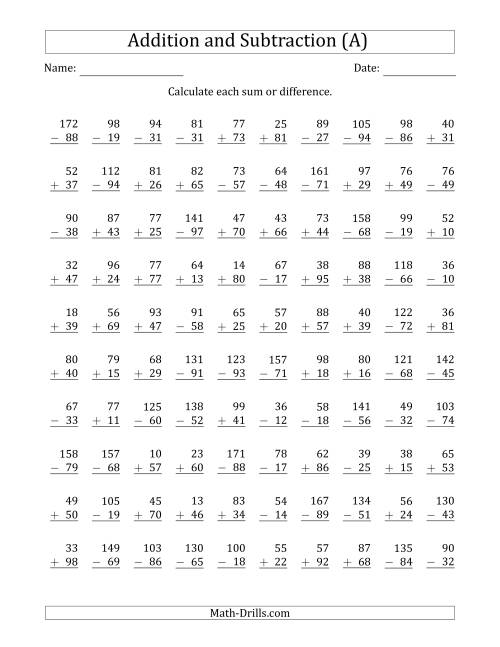 The 100 Two-Digit Addition and Subtraction Questions with Sums/Minuends to 198 (All) Math Worksheet