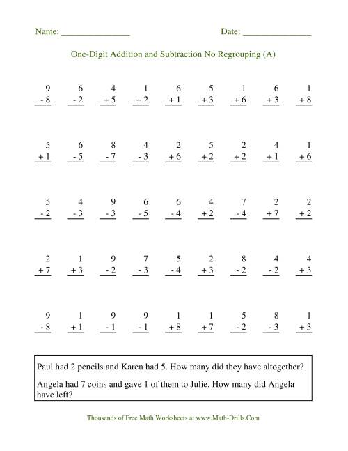 The Adding and Subtracting Single-Digit Numbers -- No Regrouping (A) Math Worksheet