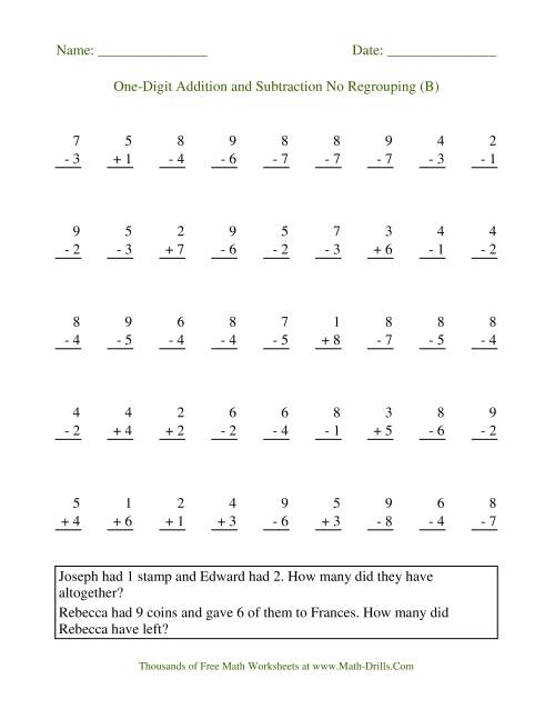The Adding and Subtracting Single-Digit Numbers -- No Regrouping (B) Math Worksheet
