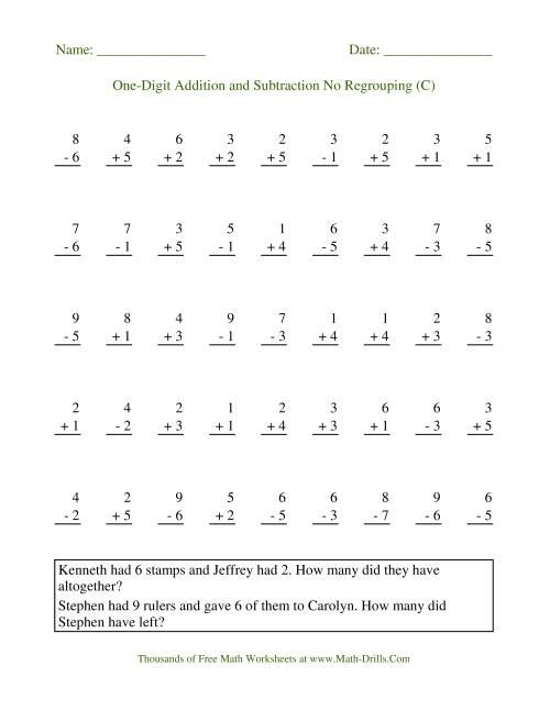 The Adding and Subtracting Single-Digit Numbers -- No Regrouping (C) Math Worksheet