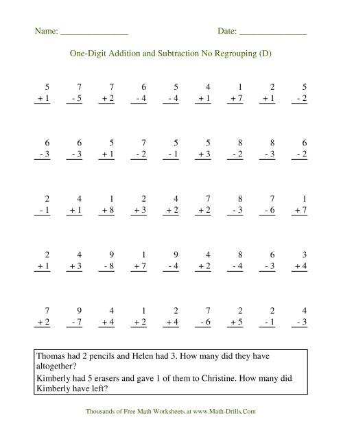 The Adding and Subtracting Single-Digit Numbers -- No Regrouping (D) Math Worksheet