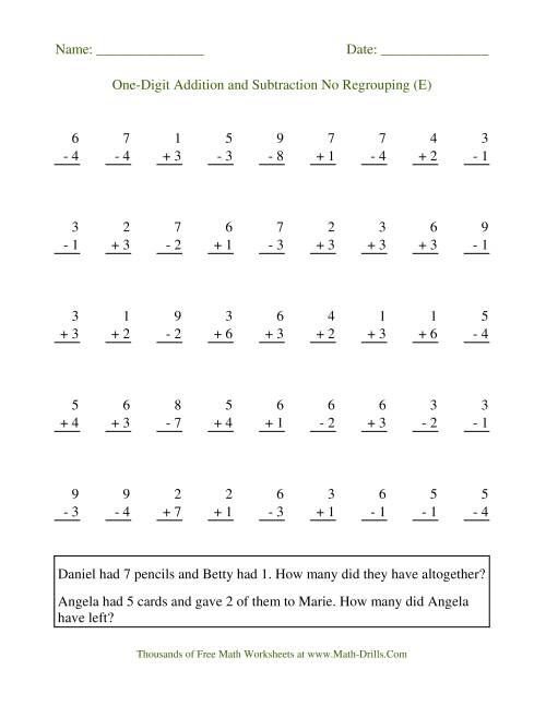 The Adding and Subtracting Single-Digit Numbers -- No Regrouping (E) Math Worksheet