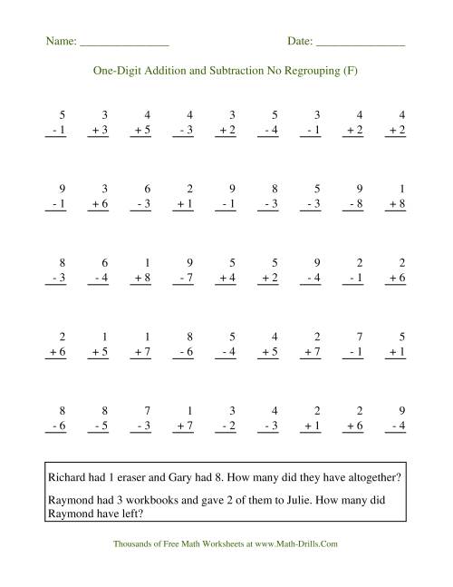 The Adding and Subtracting Single-Digit Numbers -- No Regrouping (F) Math Worksheet