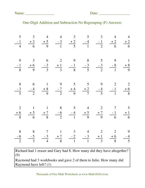 The Adding and Subtracting Single-Digit Numbers -- No Regrouping (F) Math Worksheet Page 2