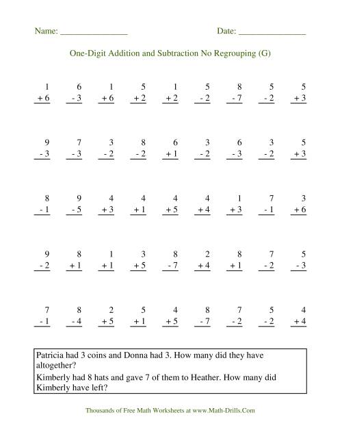 The Adding and Subtracting Single-Digit Numbers -- No Regrouping (G) Math Worksheet