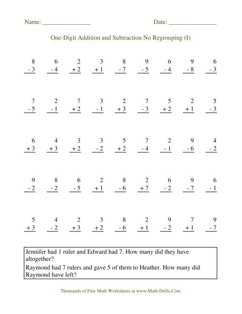 The Adding and Subtracting Single-Digit Numbers -- No Regrouping (I) Math Worksheet