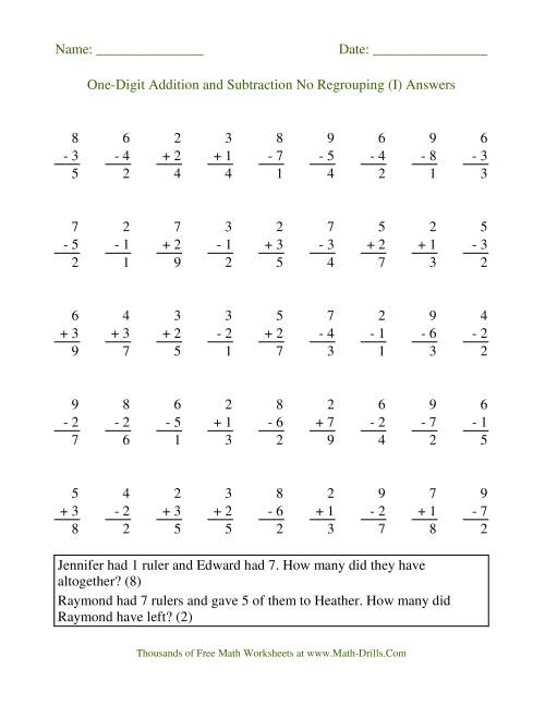 The Adding and Subtracting Single-Digit Numbers -- No Regrouping (I) Math Worksheet Page 2
