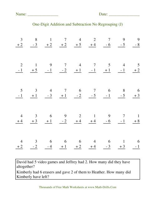 The Adding and Subtracting Single-Digit Numbers -- No Regrouping (J) Math Worksheet