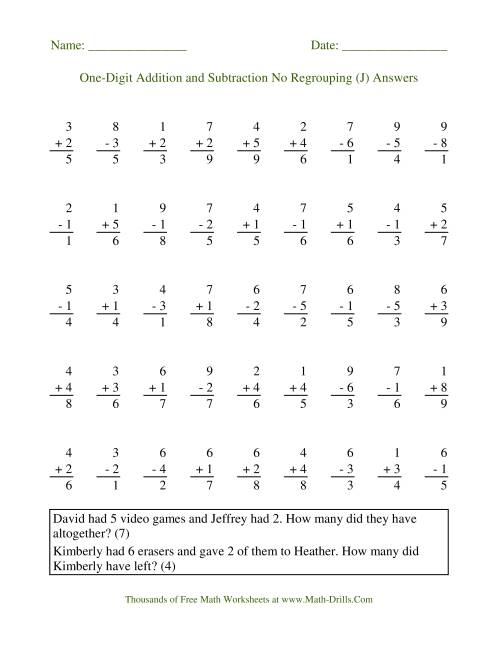 The Adding and Subtracting Single-Digit Numbers -- No Regrouping (J) Math Worksheet Page 2