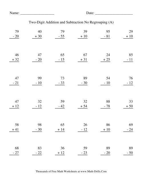 The Adding and Subtracting Two-Digit Numbers -- No Regrouping (A) Math Worksheet