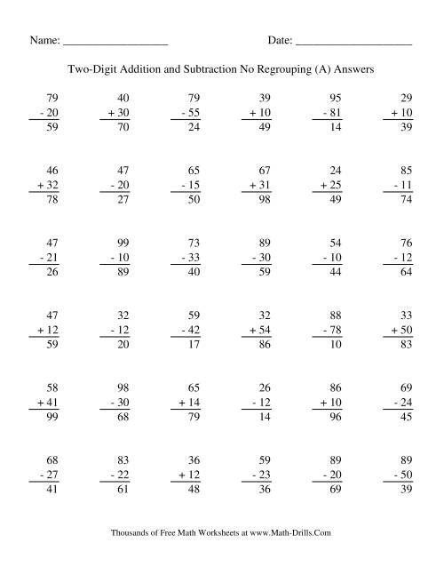 The Adding and Subtracting Two-Digit Numbers -- No Regrouping (A) Math Worksheet Page 2