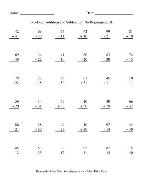 The Adding and Subtracting Two-Digit Numbers -- No Regrouping (B) Math Worksheet