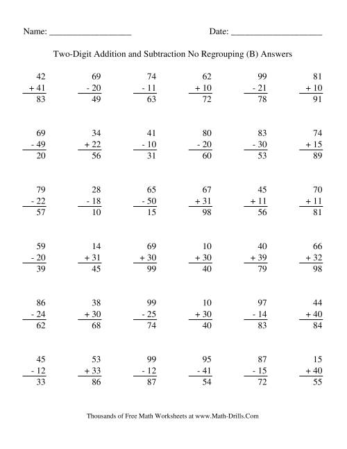 The Adding and Subtracting Two-Digit Numbers -- No Regrouping (B) Math Worksheet Page 2