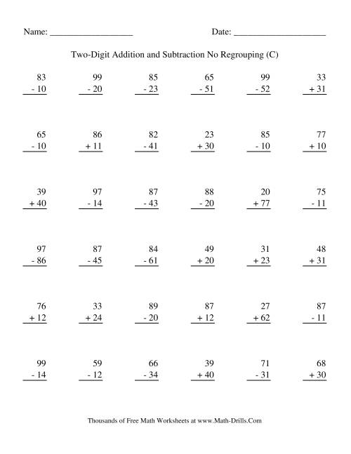 The Adding and Subtracting Two-Digit Numbers -- No Regrouping (C) Math Worksheet