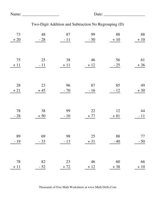 The Adding and Subtracting Two-Digit Numbers -- No Regrouping (D) Math Worksheet