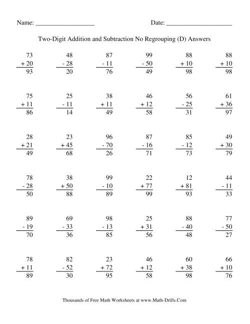 The Adding and Subtracting Two-Digit Numbers -- No Regrouping (D) Math Worksheet Page 2