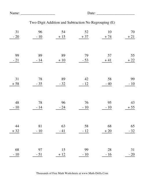 The Adding and Subtracting Two-Digit Numbers -- No Regrouping (E) Math Worksheet