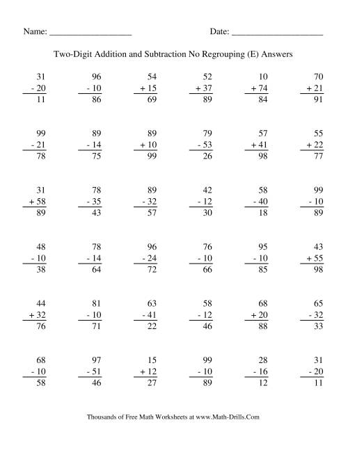 The Adding and Subtracting Two-Digit Numbers -- No Regrouping (E) Math Worksheet Page 2