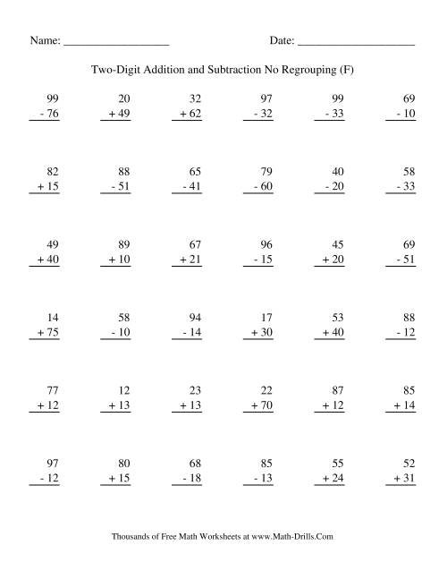 The Adding and Subtracting Two-Digit Numbers -- No Regrouping (F) Math Worksheet