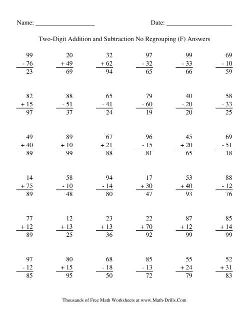 The Adding and Subtracting Two-Digit Numbers -- No Regrouping (F) Math Worksheet Page 2