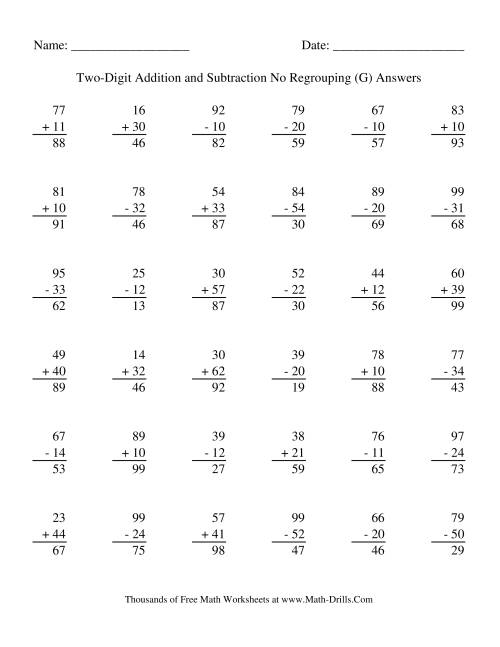 The Adding and Subtracting Two-Digit Numbers -- No Regrouping (G) Math Worksheet Page 2