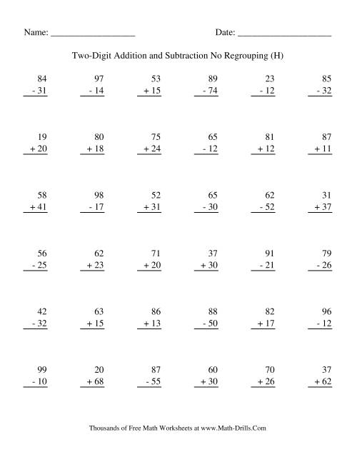 The Adding and Subtracting Two-Digit Numbers -- No Regrouping (H) Math Worksheet