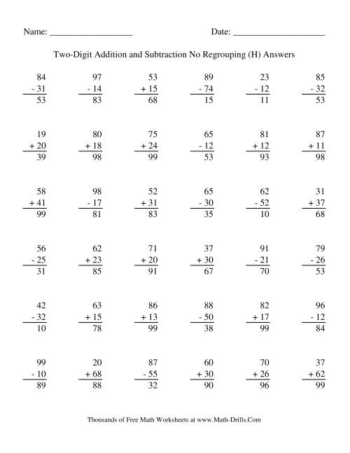 The Adding and Subtracting Two-Digit Numbers -- No Regrouping (H) Math Worksheet Page 2