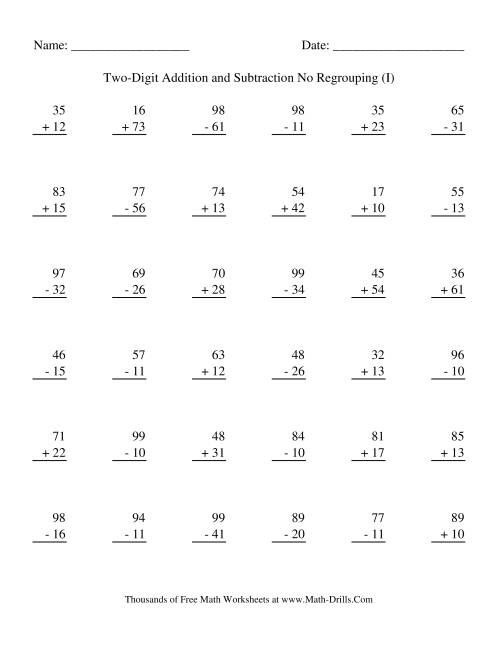The Adding and Subtracting Two-Digit Numbers -- No Regrouping (I) Math Worksheet