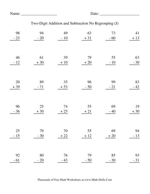 The Adding and Subtracting Two-Digit Numbers -- No Regrouping (J) Math Worksheet
