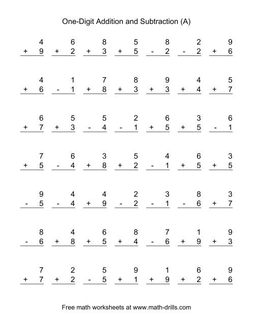 The Adding and Subtracting Single-Digit Numbers (A) Math Worksheet