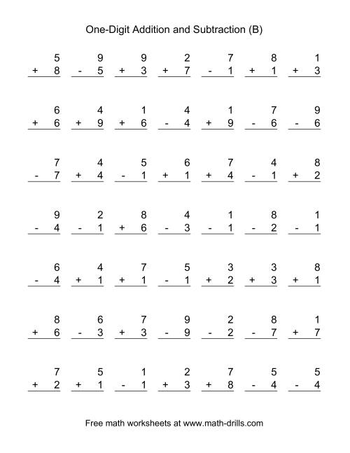 The Adding and Subtracting Single-Digit Numbers (B) Math Worksheet