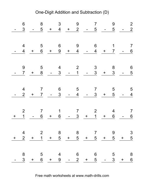 The Adding and Subtracting Single-Digit Numbers (D) Math Worksheet