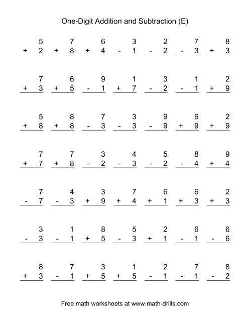 The Adding and Subtracting Single-Digit Numbers (E) Math Worksheet