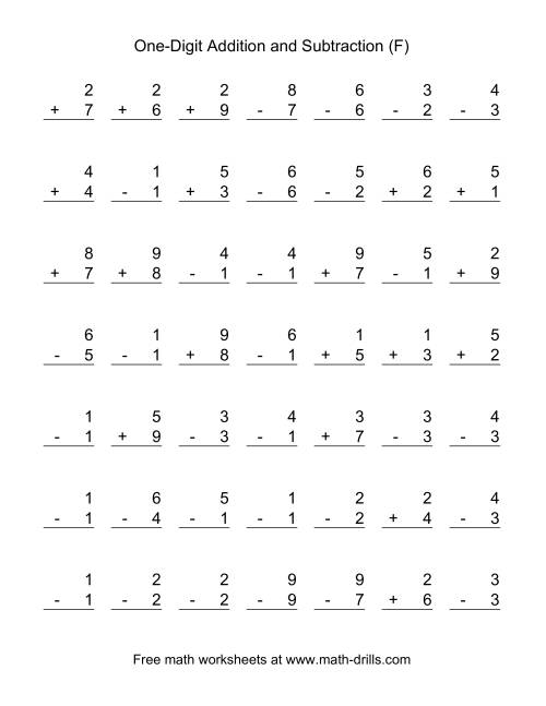 The Adding and Subtracting Single-Digit Numbers (F) Math Worksheet