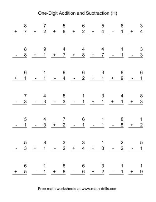The Adding and Subtracting Single-Digit Numbers (H) Math Worksheet