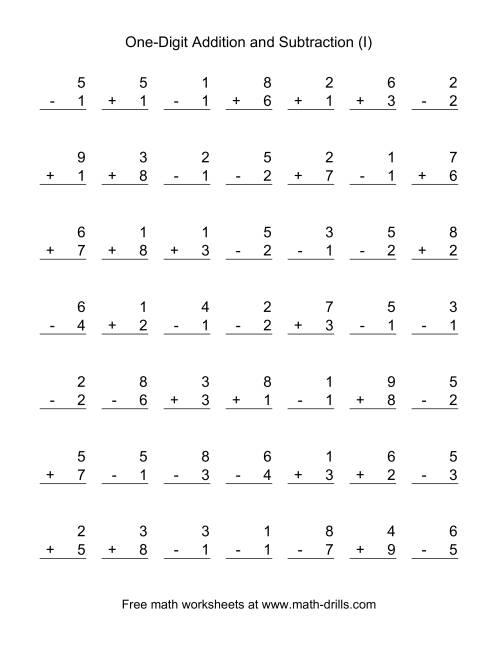 The Adding and Subtracting Single-Digit Numbers (I) Math Worksheet