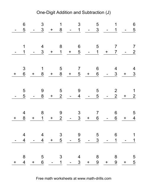 The Adding and Subtracting Single-Digit Numbers (J) Math Worksheet