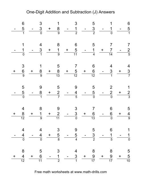 The Adding and Subtracting Single-Digit Numbers (J) Math Worksheet Page 2