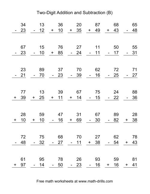 The Adding and Subtracting Two-Digit Numbers (B) Math Worksheet