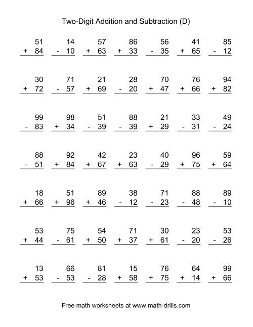 The Adding and Subtracting Two-Digit Numbers (D) Math Worksheet