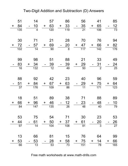 The Adding and Subtracting Two-Digit Numbers (D) Math Worksheet Page 2